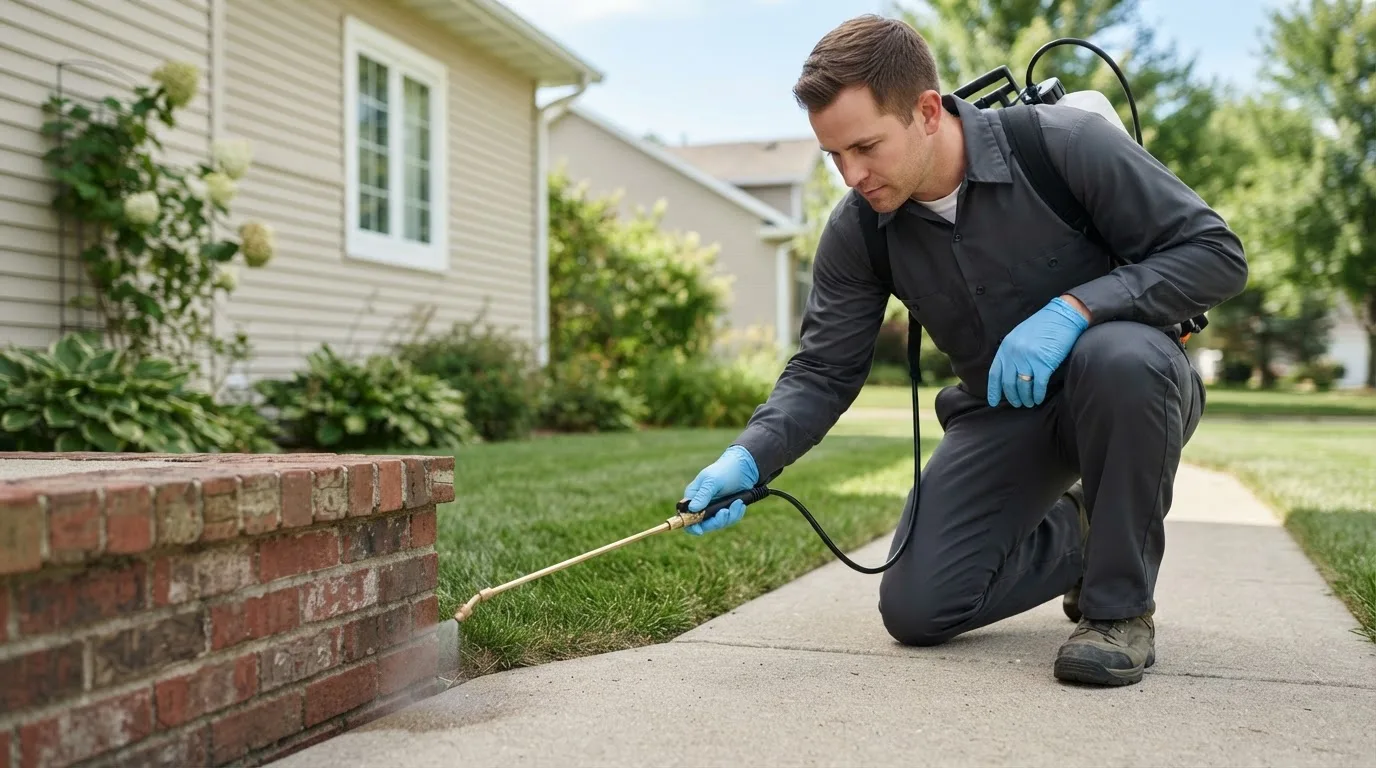Pest control technician treating a home near West Forks, ME
